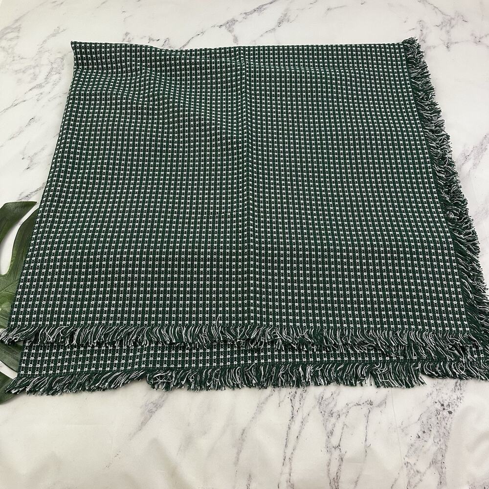 Vintage 90s Waffle Knit Woven Tablecloth Dark Green White Check Squares 120x70